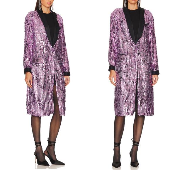FREE PEOPLE Ella Duster Sequin Purple Combo Black Trim Jacket XS/S Oversized NWT - Picture 3 of 13